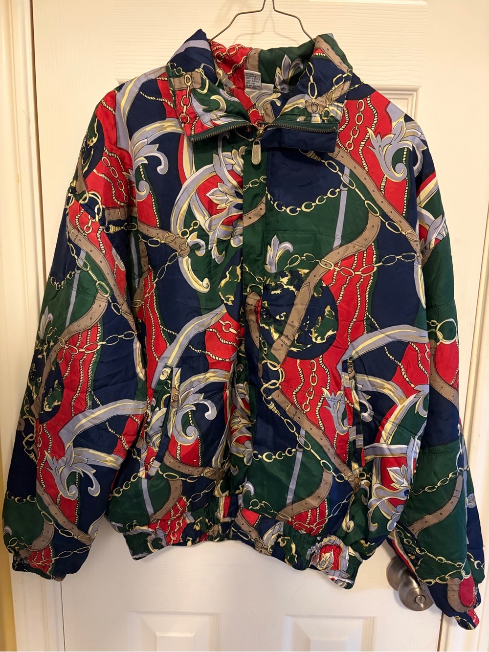 Quilted Chain-Print Bomber Jacket - Red, Navy & Green. 100%silk